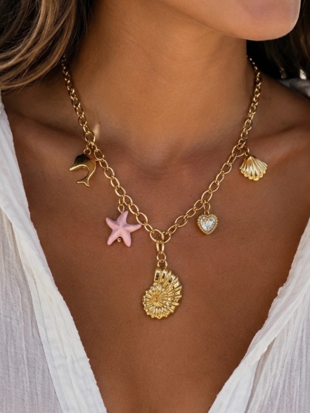 Coastal Charm Necklace Gold Plated Stainless Steel Starfish Shell 16-18in NEW